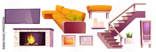 Living room interior furniture isolated design. Apartment livingroom inside with fireplace, staircase, fancy sofa. Contemporary lobby accessories set. Cozy and bright indoor decor for modern building