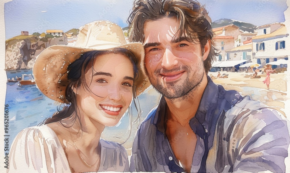 A romantic couple enjoys a sunlit day by the beach, smiling brightly while surrounded by scenic coastal beauty and charming seaside houses A romantic couple enjoys a sunlit day by the beach, smiling brightly while surrounded by scenic coastal beauty and charming seaside houses