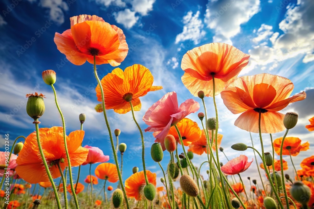Vibrant orange and delicate pink poppies sway gently in the summer breeze, set against a serene blue sky with soft, wispy clouds. Vibrant orange and delicate pink poppies sway gently in the summer breeze, set against a serene blue sky with soft, wispy clouds.