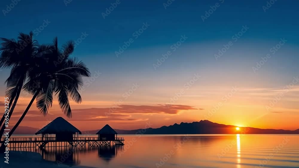 Tropical resort, sunset, beach huts, and palm trees Tropical resort, sunset, beach huts, and palm trees