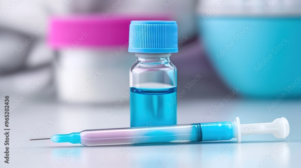 A syringe and a vial of liquid on the table, AI A syringe and a vial of liquid on the table, AI