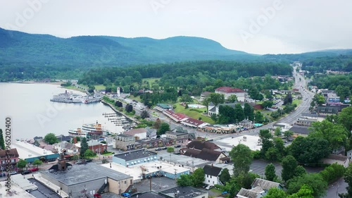 Drone over the town of Lake George and the edge of Lake George photo