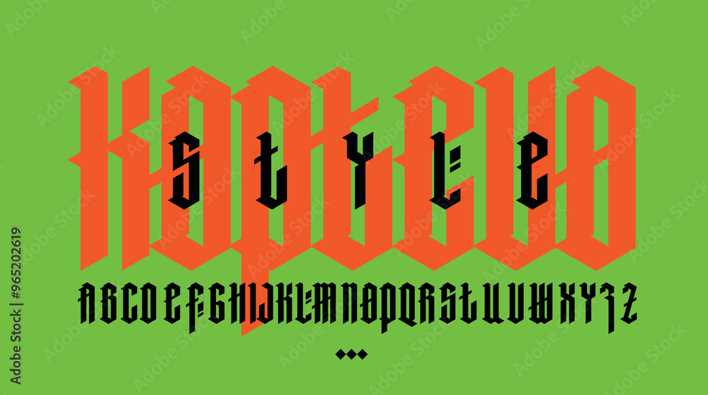Obraz premium Full Latin alphabet in the Gothic style. Vector. Letters and symbols on a green background. Calligraphy and lettering. Medieval Latin letters. Elegant font for tattoo. All letters are separate.