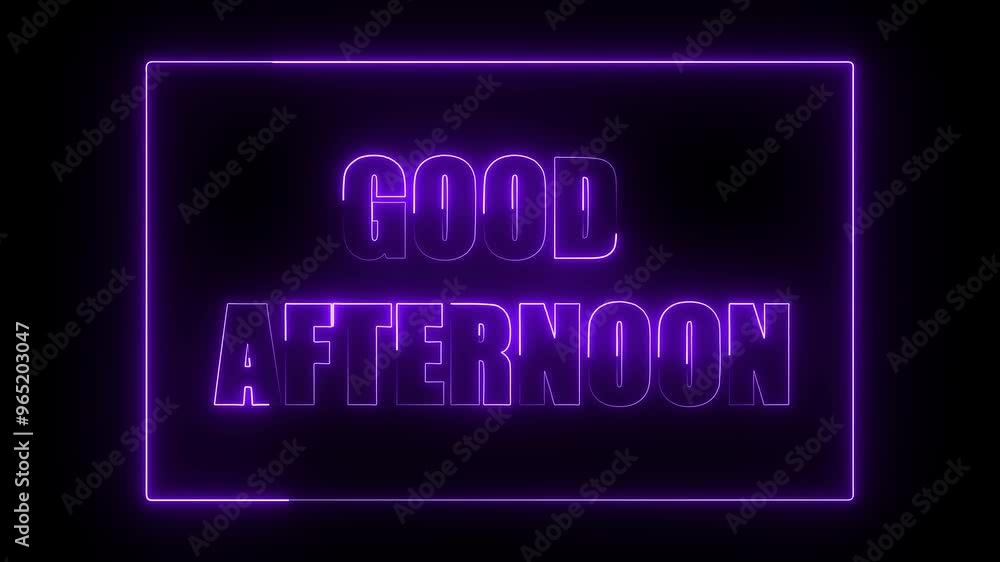 Good afternoon text icon animation by purple neon on black background. Good afternoon text icon animation by purple neon on black background.