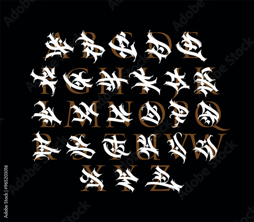 Graffiti style, alphabet. Vector. Graffiti letters, tags and classic Latin letters. Signs and symbols for design. Calligraphy, lettering and tags. Modern interpretation of the ancient font.