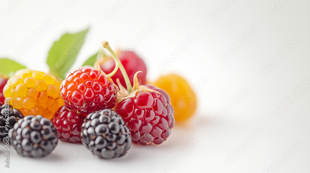 A close-up shot of colorful berries, including red raspberries, yellow cherries and black plums on white background