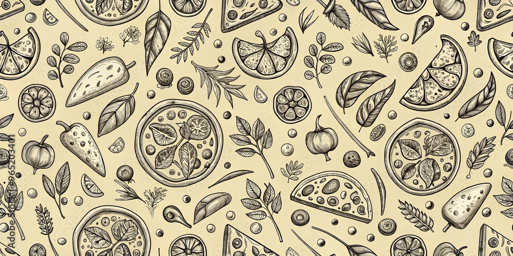 Fototapeta premium Hand-drawn Black and White Pizza and Lemon Seamless Pattern on Beige Background, food, pattern, seamless ,