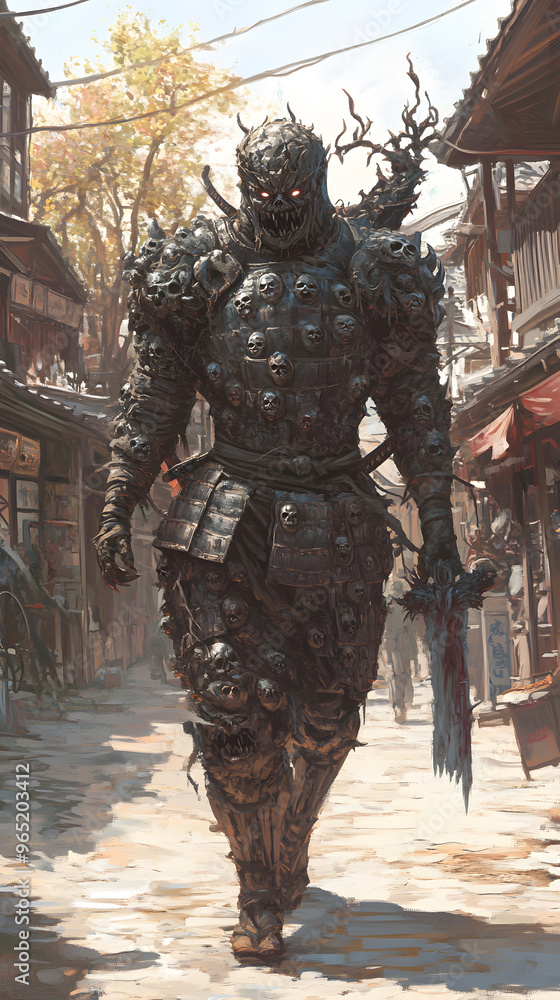 A samurai wearing menacing armor made from oni material, with a helmet, walking through an Edo period town during bright daylight A samurai wearing menacing armor made from oni material, with a helmet, walking through an Edo period town during bright daylight