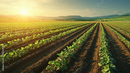 Vibrant landscape of green fields under a bright sunrise, showcasing rows of healthy crops in a picturesque agricultural setting.