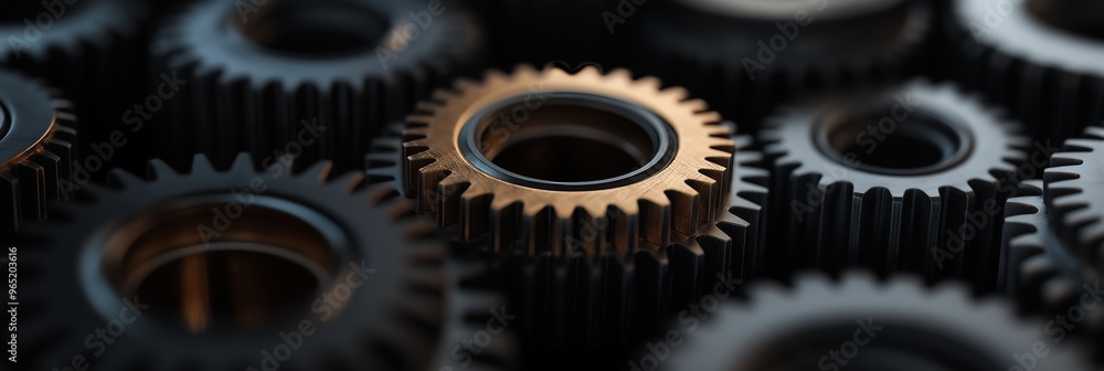 A set of metal gears with one golden gear in focus, perfect for industrial and mechanical themes. A set of metal gears with one golden gear in focus, perfect for industrial and mechanical themes.