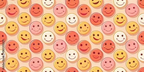 Happy Smiley Face Pattern, Digital Illustration, Multicolored, Yellow, Red, White, Pink