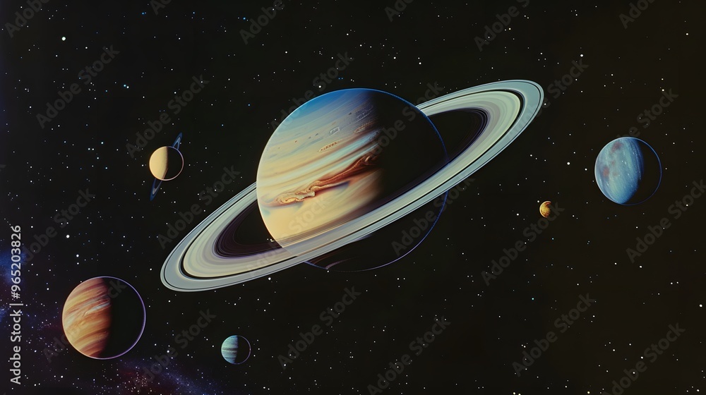 Naklejka premium A large planet with a ring system, surrounded by other smaller planets and stars in a dark sky.