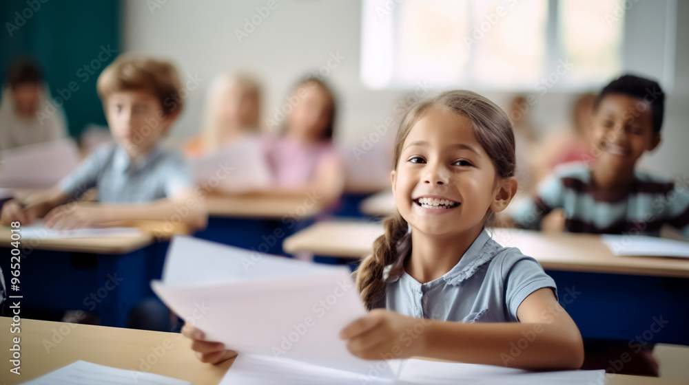 Close-up of happy school children sitting at desks in the classroom. Close-up of happy school children sitting at desks in the classroom.