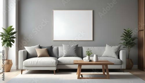 A modern living room with a large blank white frame on the wall, a gray sofa, a wooden coffee table, and decorative pillows