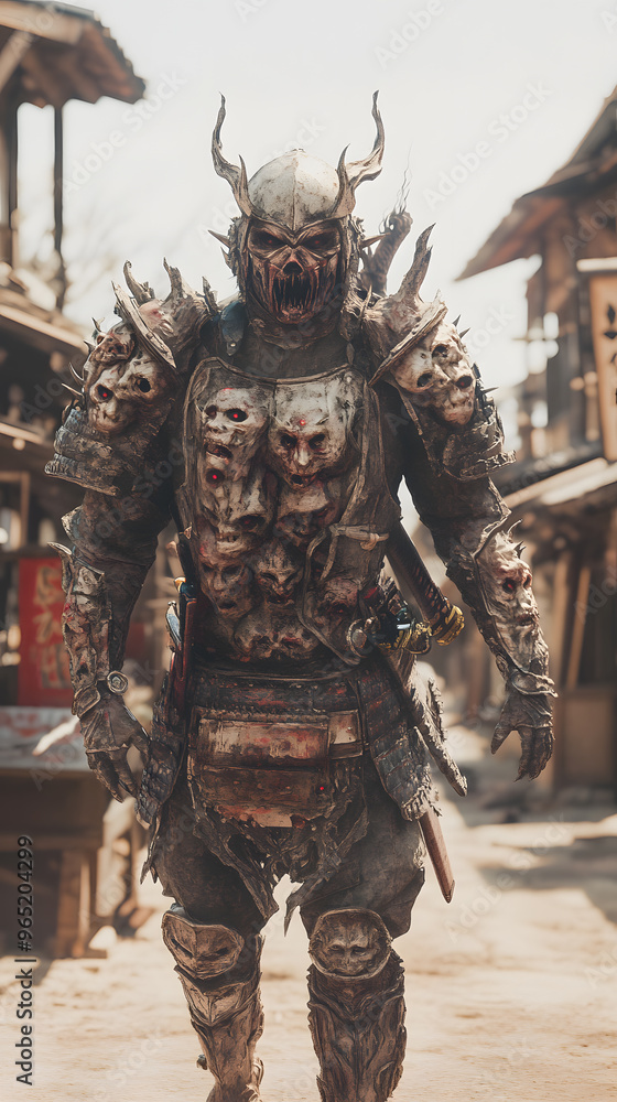 A samurai wearing menacing armor made from oni material, with a helmet, walking through an Edo period town during bright daylight A samurai wearing menacing armor made from oni material, with a helmet, walking through an Edo period town during bright daylight