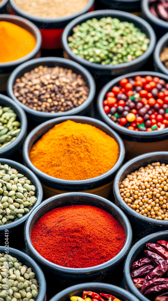 Vibrant assortment of spices and herbs in ceramic bowls, showcasing a variety of colors and textures for culinary inspiration. Vibrant assortment of spices and herbs in ceramic bowls, showcasing a variety of colors and textures for culinary inspiration.
