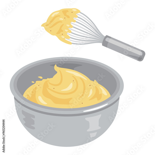 ボウルに入ったカスタードクリームと泡立て器