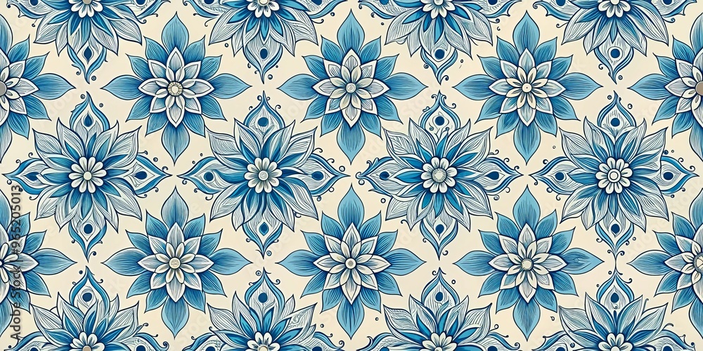 Intricate Blue and White Floral Pattern, Digital Illustration, Seamless Design, Flower, Pattern, Mandala Intricate Blue and White Floral Pattern, Digital Illustration, Seamless Design, Flower, Pattern, Mandala