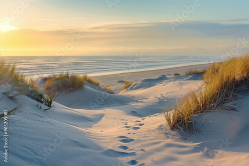 The landscape of the sand dune system on the beach at dawn photo