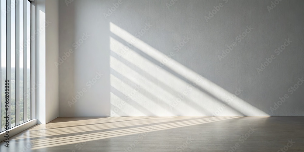 Fototapeta premium Minimalist Room with Sunlight Streaming Through Window, White Wall, Wooden Floor, Light, Shadow, Empty Room, Interior Design