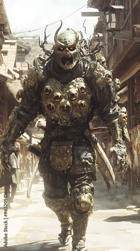 A samurai wearing menacing armor made from oni material, with a helmet, walking through an Edo period town during bright daylight
