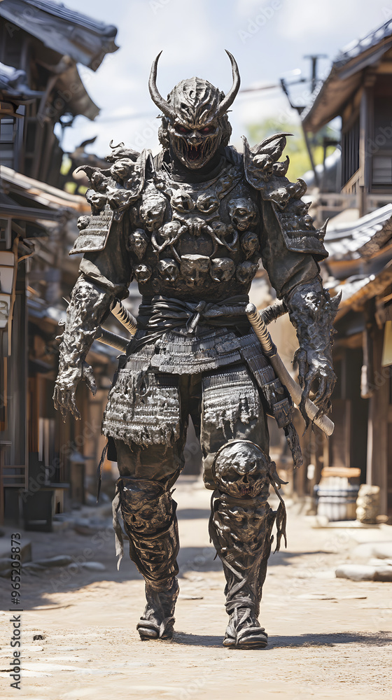 A samurai wearing menacing armor made from oni material, with a helmet, walking through an Edo period town during bright daylight A samurai wearing menacing armor made from oni material, with a helmet, walking through an Edo period town during bright daylight