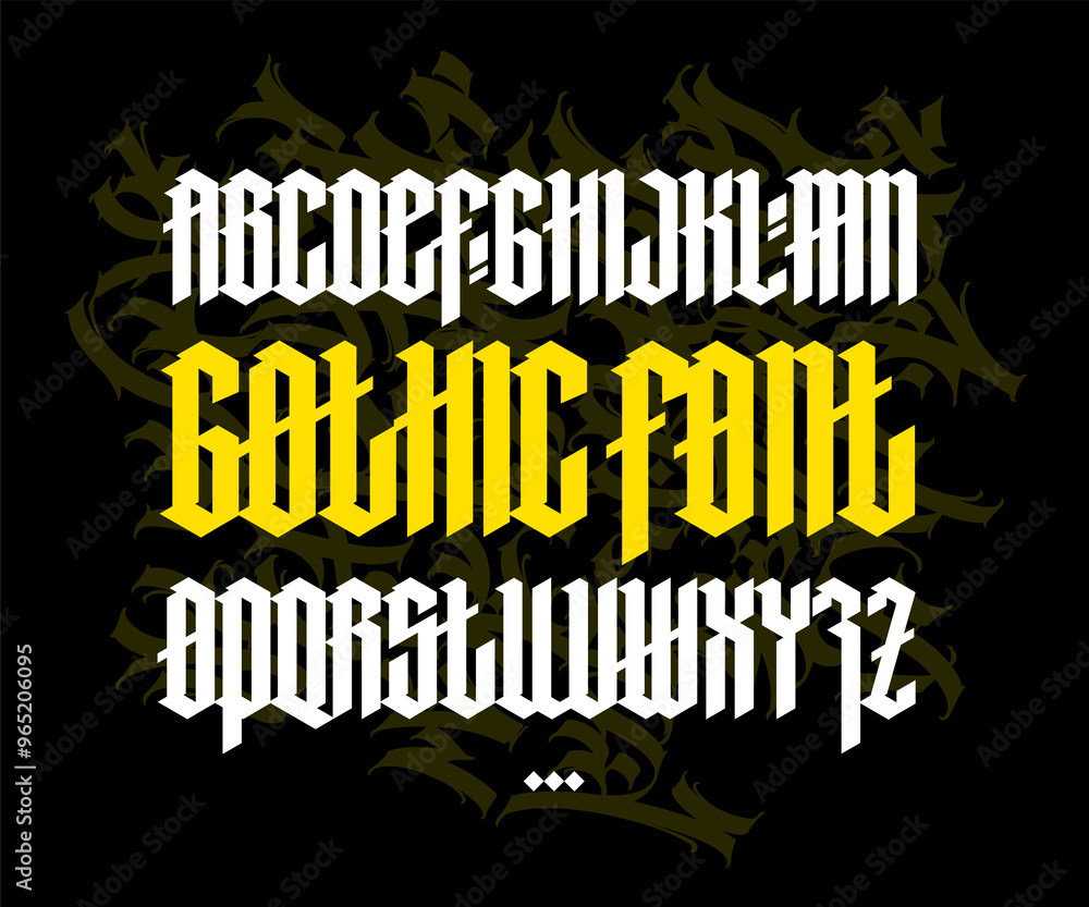Full alphabet in the Gothic style. Letters and symbols on a black ...