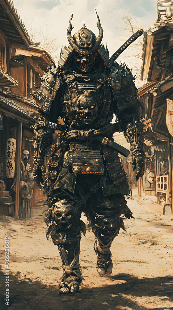 Fototapeta premium A samurai wearing menacing armor made from oni material, with a helmet, walking through an Edo period town during bright daylight