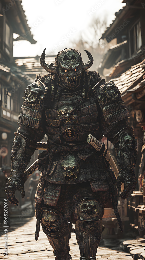 Fototapeta premium A samurai wearing menacing armor made from oni material, with a helmet, walking through an Edo period town during bright daylight