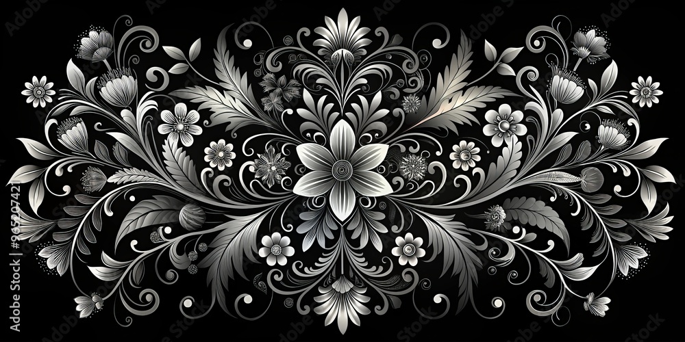 Fototapeta premium Silver Floral Design on Black Background, Floral Design, Flower Pattern, Black and White