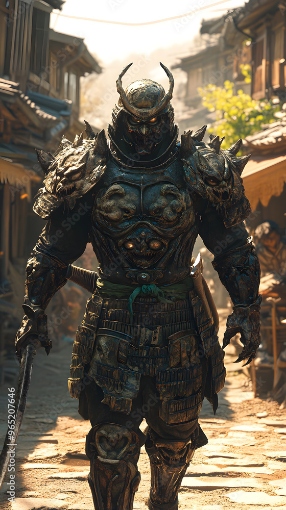 A samurai wearing menacing armor made from oni material, with a helmet, walking through an Edo period town during bright daylight