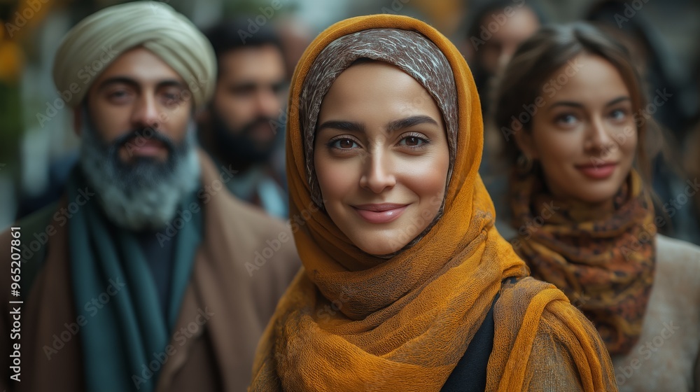 Inclusive interfaith community gathering with smiling woman in mustard hijab, diverse group representing religious unity and cultural diversity in an outdoor setting Inclusive interfaith community gathering with smiling woman in mustard hijab, diverse group representing religious unity and cultural diversity in an outdoor setting