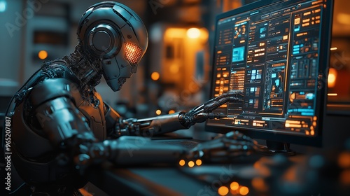 Futuristic AI robot working at a computer station in a high-tech environment, interacting with advanced digital systems and data interfaces, showcasing artificial intelligence technology