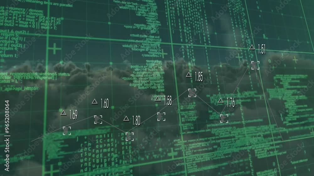 Animation of data processing and network of connections over sky with clouds Animation of data processing and network of connections over sky with clouds