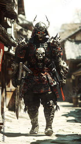 A samurai wearing menacing armor made from oni material, with a helmet, walking through an Edo period town during bright daylight