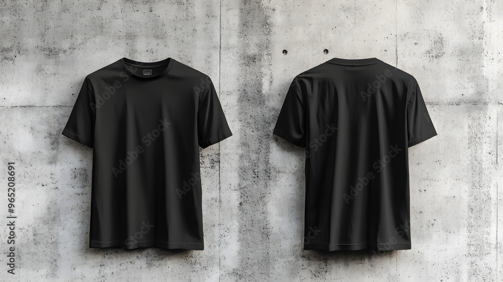 Black t-shirt front and back views hanging on the wall for mock-up display. Black t-shirt front and back views hanging on the wall for mock-up display.