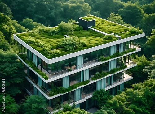 Eco-Friendly Urban Building with Green Roofs and Sustainable Design