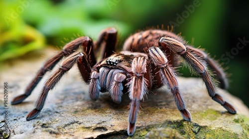 Surreal tarantula with two human legs, blending the natural world with fantasy. This unique creature features the large body and eight hairy legs of a tarantula combined with two human legs, 