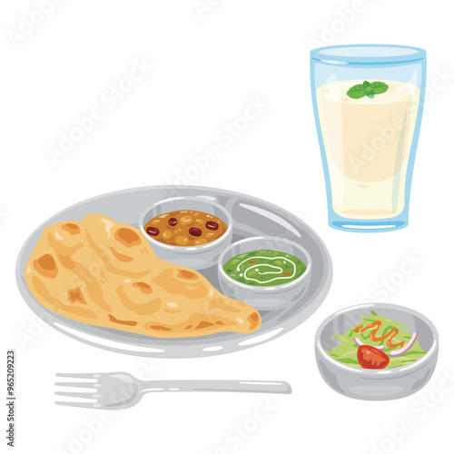 グラスに入ったラッシーとインドカレーセット