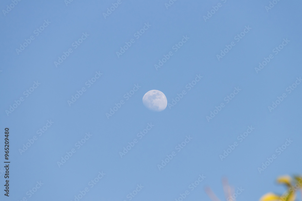 A serene view of the moon against a clear blue sky, creating a calming and tranquil atmosphere perfect for nature lovers. A serene view of the moon against a clear blue sky, creating a calming and tranquil atmosphere perfect for nature lovers.