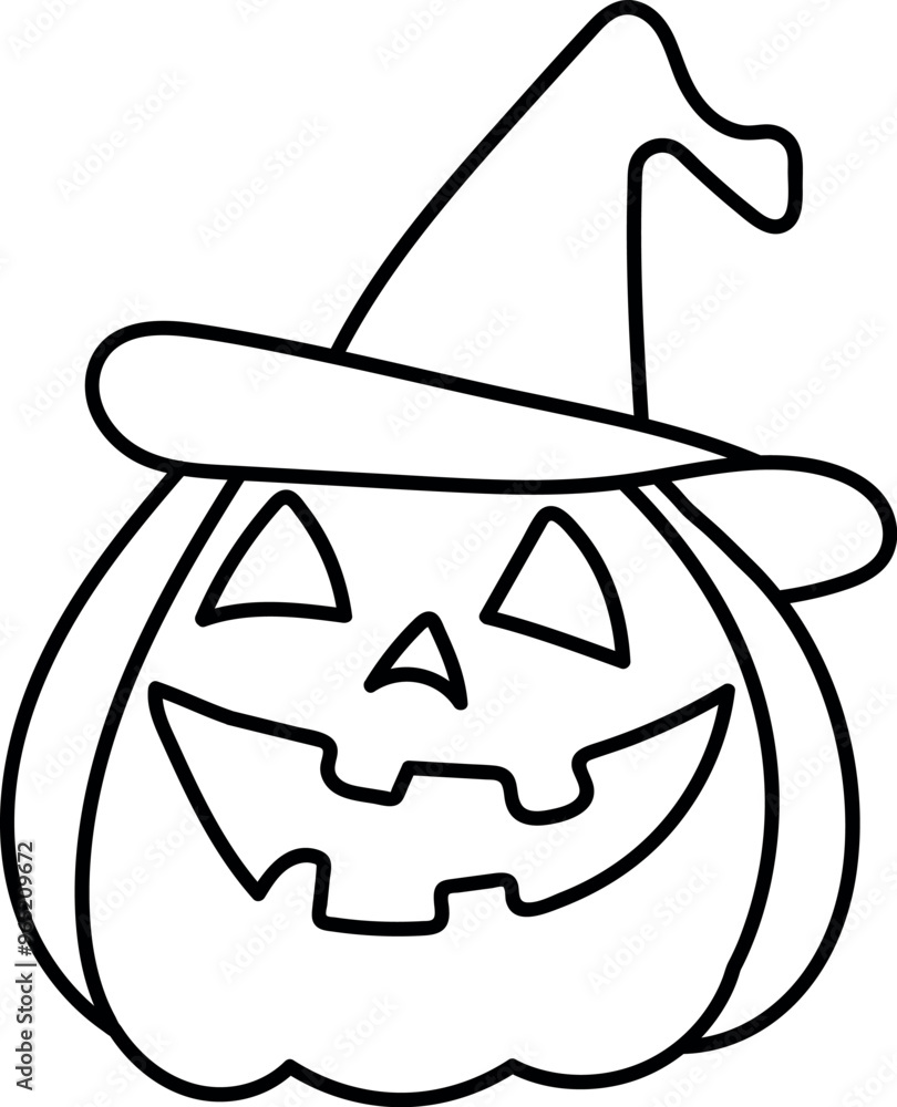 Spooky Halloween Pumpkin with Witch Hat Line Art Spooky Halloween Pumpkin with Witch Hat Line Art