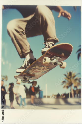 Retro polaroid snapshot capturing skateboarder in mid-air, evoking vibrant 2000s nostalgia with action-packed, vintage flair