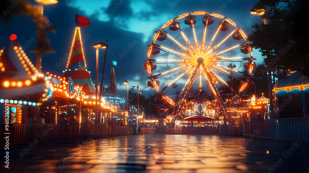 Illustration of a Glowing Ferris Wheel and Amusement Park at Twilight Illustration of a Glowing Ferris Wheel and Amusement Park at Twilight
