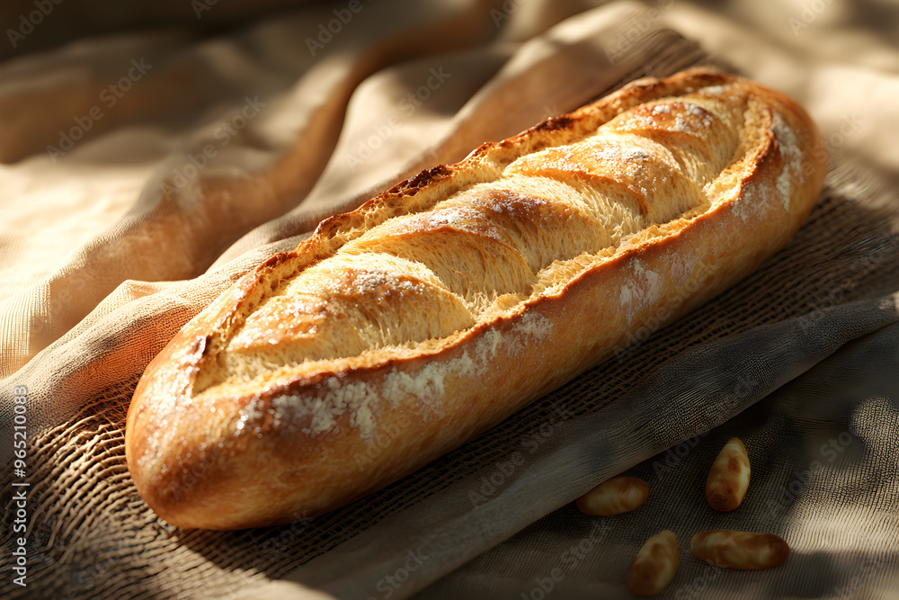 A 3D baguette with a crispy crust on a soft background, representing traditional bakery goods A 3D baguette with a crispy crust on a soft background, representing traditional bakery goods