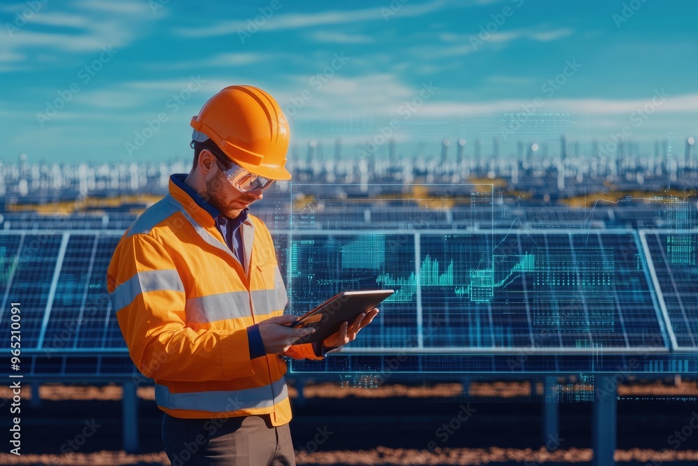 Very realistic and photographic photo of an engineer analyzing data on a tablet in front of a solar farm, surrounded by holographic displays featuring intricate graphs and charts. The orange and deep Very realistic and photographic photo of an engineer analyzing data on a tablet in front of a solar farm, surrounded by holographic displays featuring intricate graphs and charts. The orange and deep