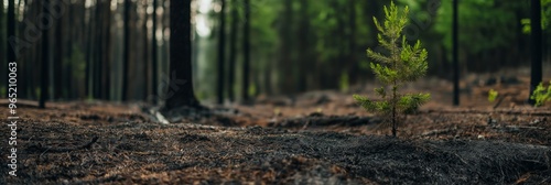 A small pine tree stands resilient amidst the scorched earth of a forest, symbolizing rebirth and nature's resilience. photo