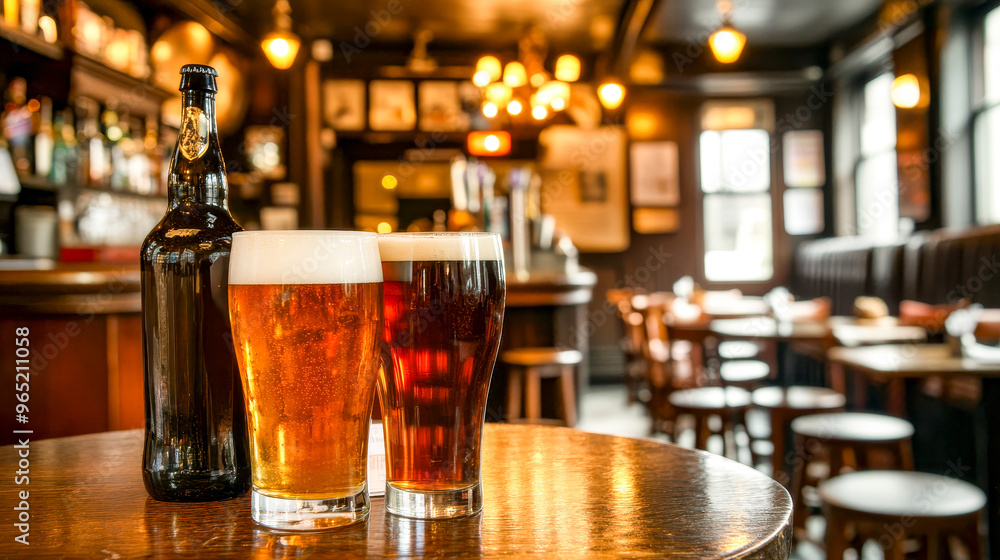 Cheers to Craft: A delightful arrangement of two craft beers and a bottle in a cozy, dimly lit pub atmosphere, inviting a sense of relaxation and camaraderie. Cheers to Craft: A delightful arrangement of two craft beers and a bottle in a cozy, dimly lit pub atmosphere, inviting a sense of relaxation and camaraderie.