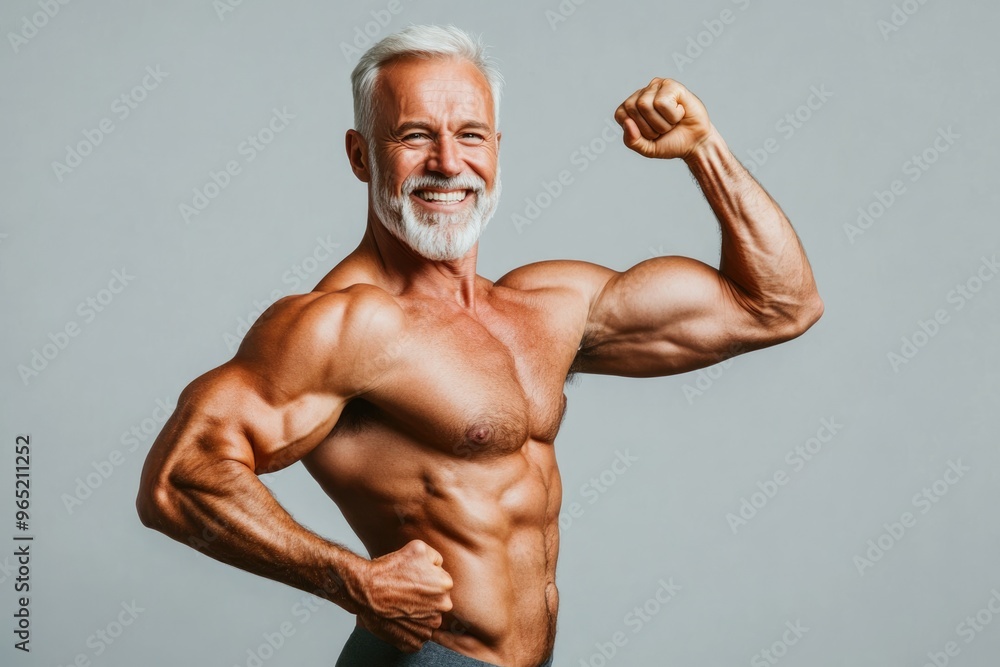 A fit senior man with a powerful physique, smiling confidently and flexing his biceps against a solid background A fit senior man with a powerful physique, smiling confidently and flexing his biceps against a solid background