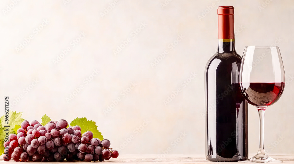 Obraz premium Red Wine Still Life: A classic still life composition featuring a bottle of red wine, a full glass, and a bunch of red grapes. The image evokes a sense of sophistication, enjoyment, and indulgence.