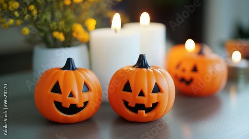 Halloween Pumpkins And Candles On Wooden.